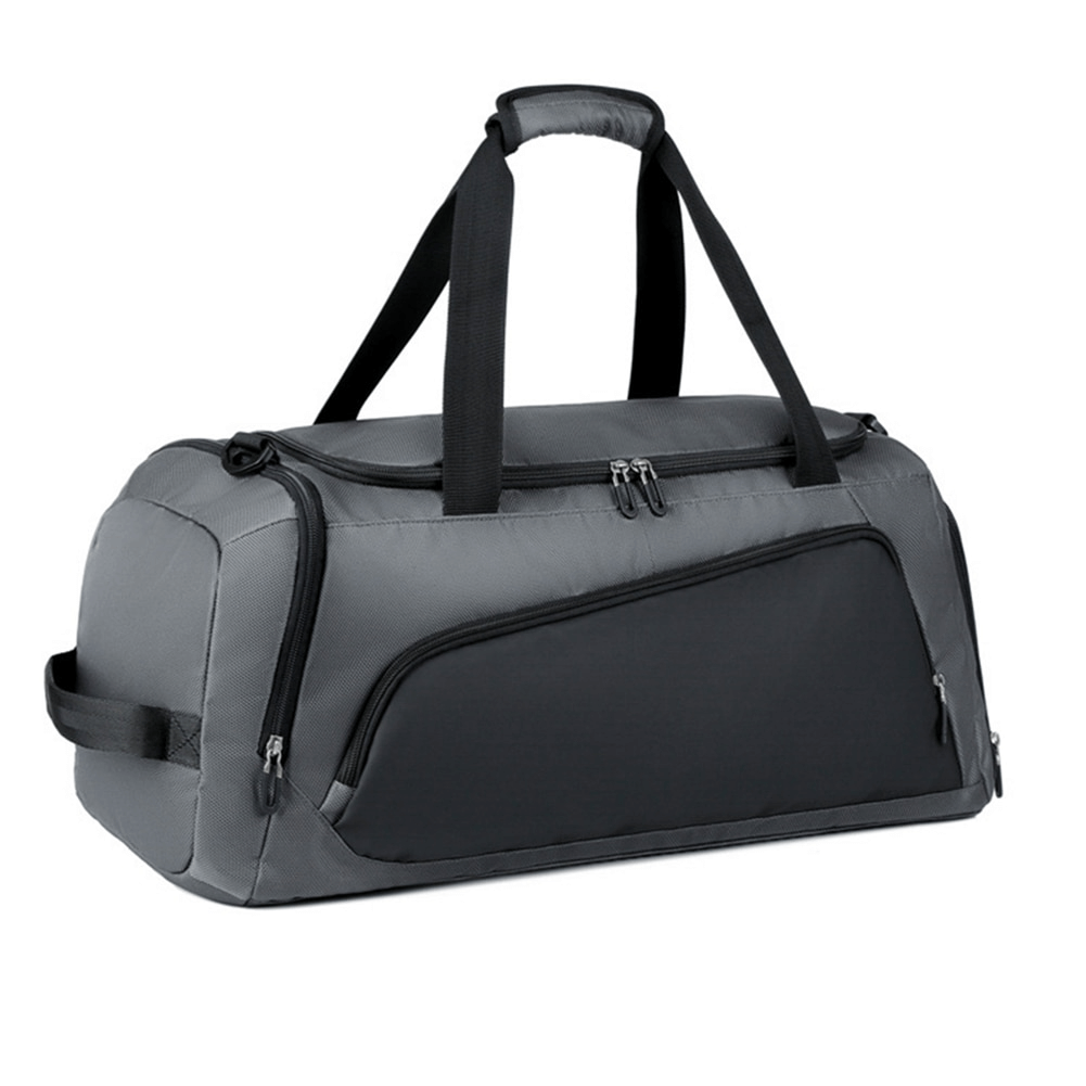 Gray sports waterproof portable bag with shoe compartment, featuring black accents, sturdy handles, and multiple pockets. Ideal for fitness.